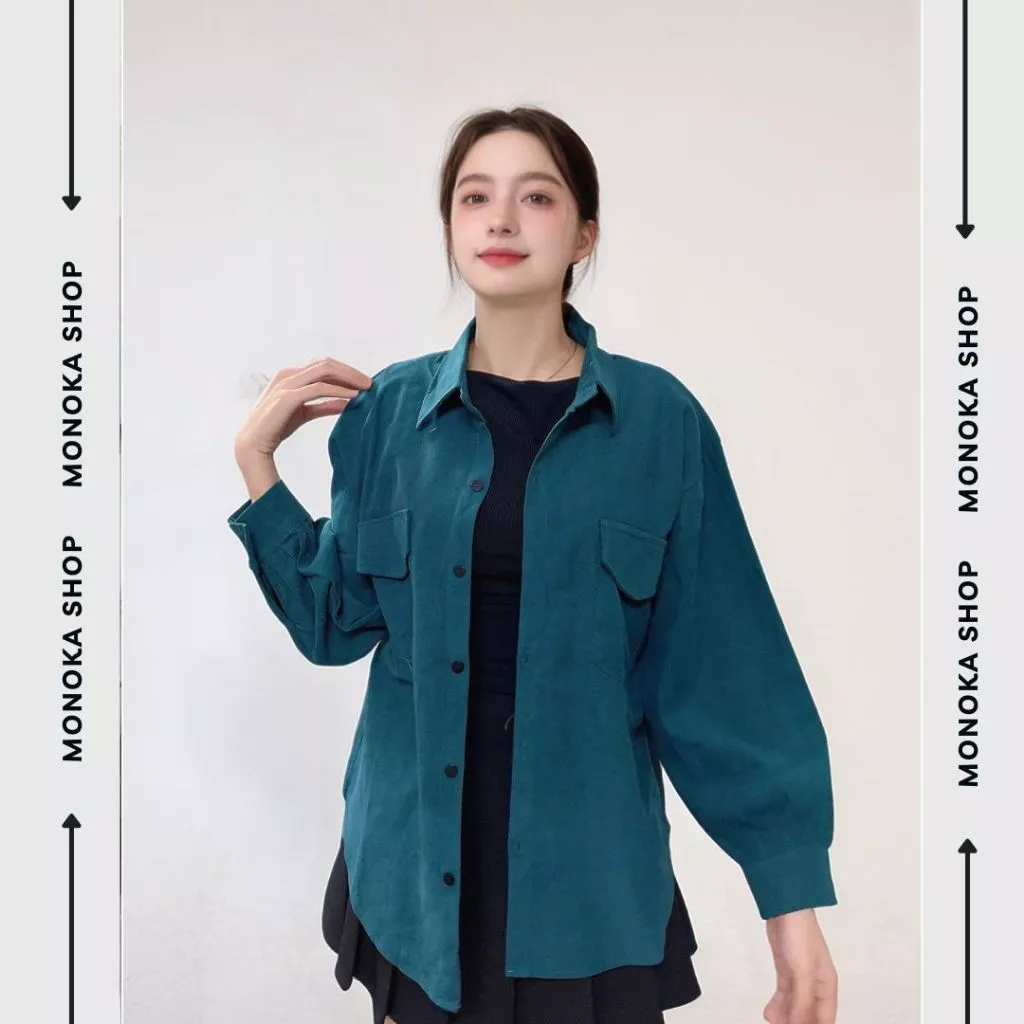 (Ảnh thật) Áo sơ mi nữ tay bồng form rộng dáng basic Áo khoác sơ mi dài tay nhung tăm thời trang oversize bigsize T1060G