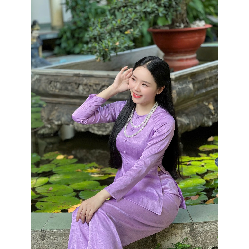 Hân Nguyễn Áo Bà Ba - B.A143 - Bộ Áo Bà Ba Gấm Vân Xước ( QUẦN GẤM XƯỚC ) Cổ Tròn Nút Bọc Dây Kéo
