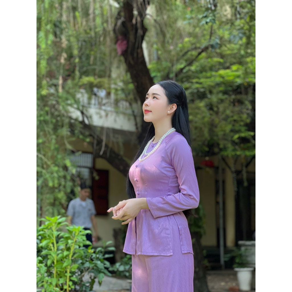 Hân Nguyễn Áo Bà Ba - B.A143 - Bộ Áo Bà Ba Gấm Vân Xước ( QUẦN GẤM XƯỚC ) Cổ Tròn Nút Bọc Dây Kéo