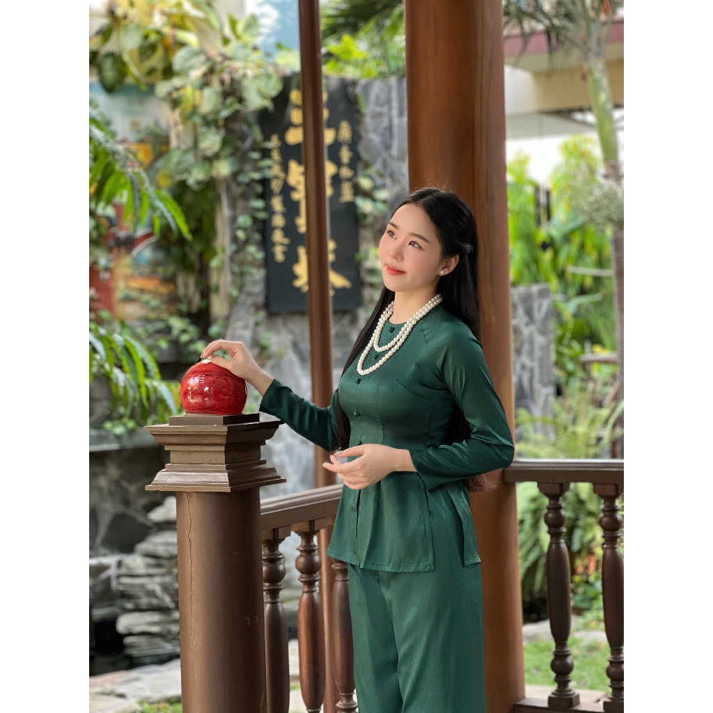 Hân Nguyễn Áo Bà Ba - B.A143 - Bộ Áo Bà Ba Gấm Vân Xước ( QUẦN GẤM XƯỚC ) Cổ Tròn Nút Bọc Dây Kéo