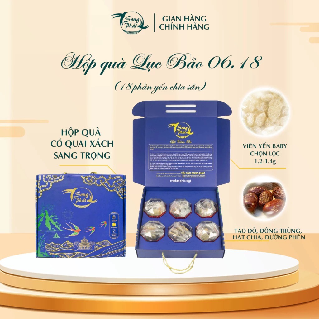 18 phần yến tổ baby Hộp quà Lục Bảo 06.18 SONG PHÁT tinh chế kèm topping táo đỏ đông trùng hạt chia đường phèn