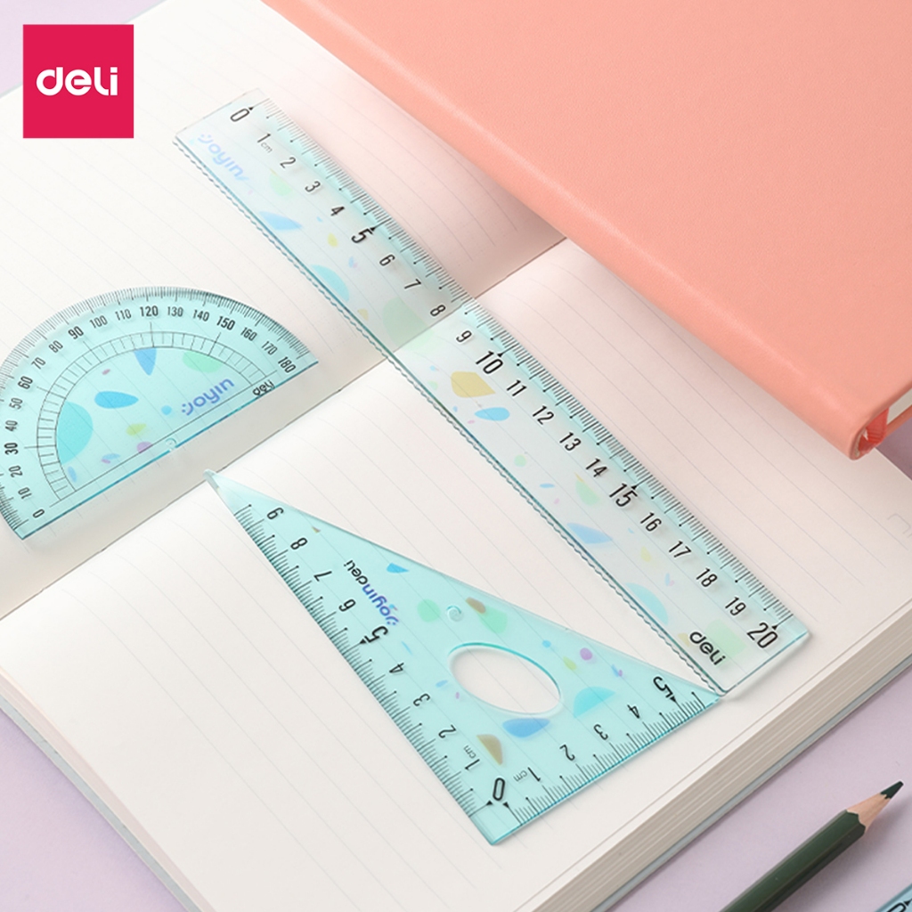 Bộ Dụng Cụ 4 Món Cute Deli - Eke, Thước kẻ, Đo Độ Trong Suốt Dễ Nhìn Tỉ Lệ Đo Chuẩn Xác Chuyên Dụng Cho Học Sinh