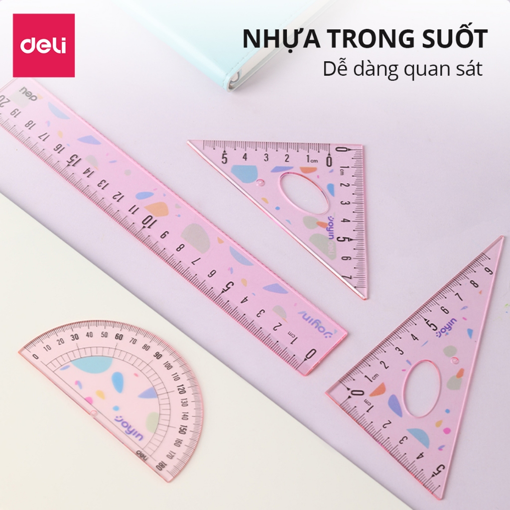 Bộ Dụng Cụ 4 Món Cute Deli - Eke, Thước kẻ, Đo Độ Trong Suốt Dễ Nhìn Tỉ Lệ Đo Chuẩn Xác Chuyên Dụng Cho Học Sinh