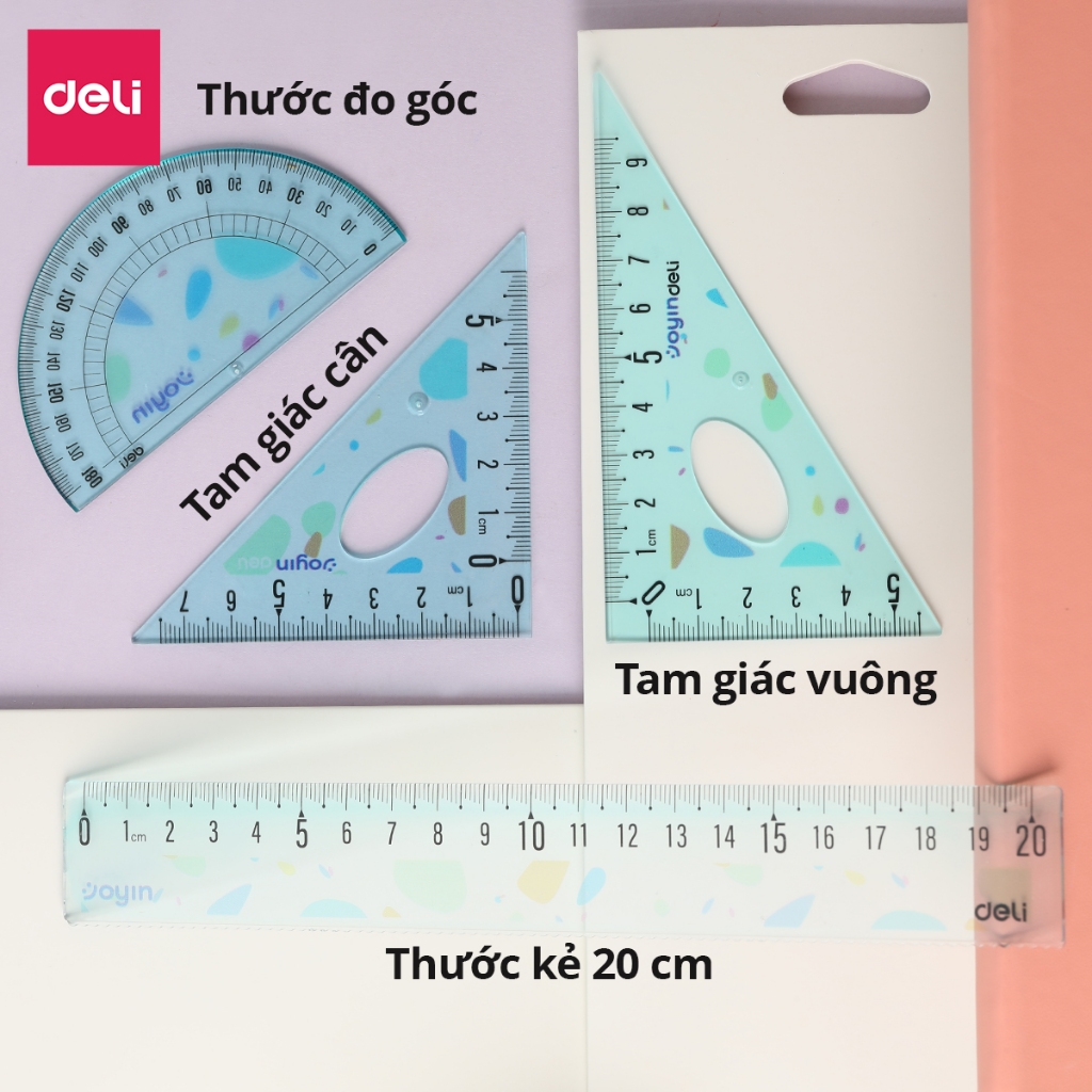 Bộ Dụng Cụ 4 Món Cute Deli - Eke, Thước kẻ, Đo Độ Trong Suốt Dễ Nhìn Tỉ Lệ Đo Chuẩn Xác Chuyên Dụng Cho Học Sinh
