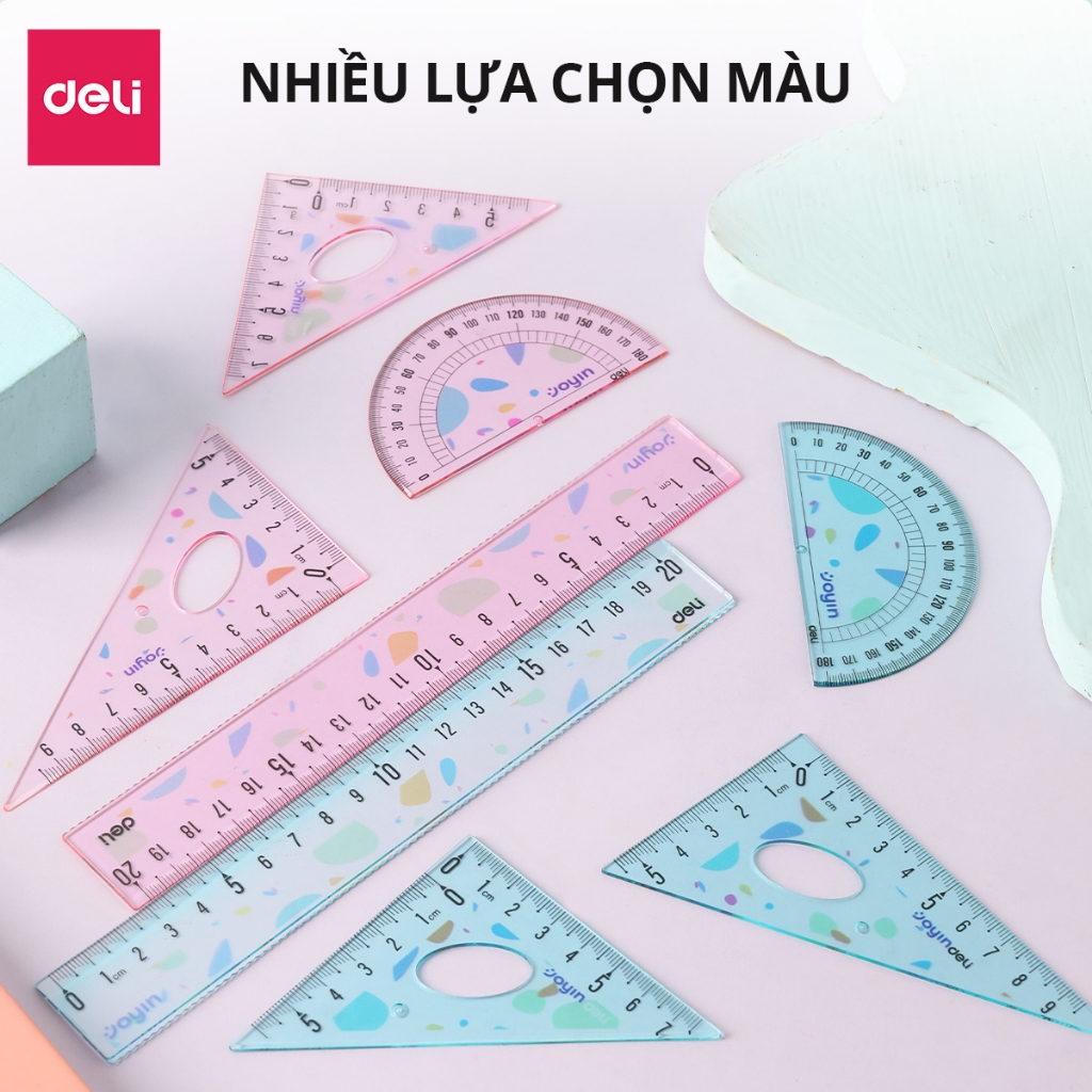 Bộ Dụng Cụ 4 Món Cute Deli - Eke, Thước kẻ, Đo Độ Trong Suốt Dễ Nhìn Tỉ Lệ Đo Chuẩn Xác Chuyên Dụng Cho Học Sinh