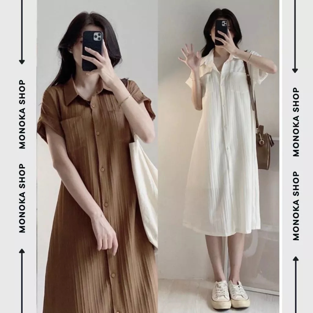Đầm sơ mi dáng dài nữ vintage Váy suông rộng cổ bẻ tay ngắn phong cách Hàn Quốc cài nút thanh lịch đi chơi đi làm T1046G