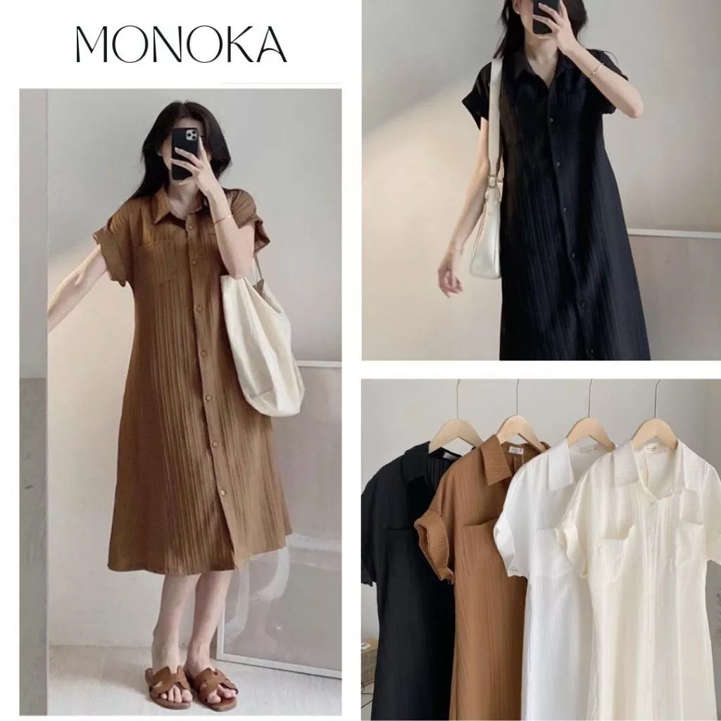 Đầm sơ mi dáng dài nữ vintage Váy suông rộng cổ bẻ tay ngắn phong cách Hàn Quốc cài nút thanh lịch đi chơi đi làm T1046G