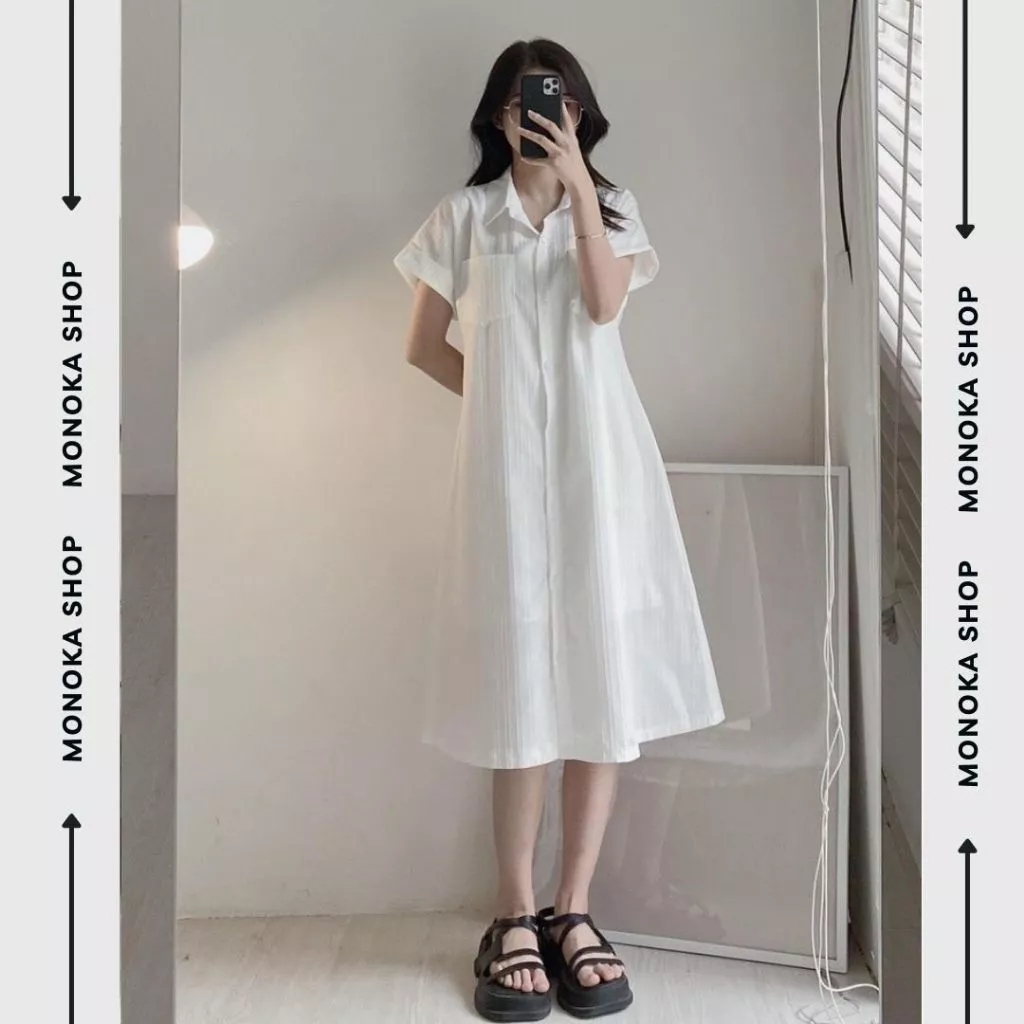 Đầm sơ mi dáng dài nữ vintage Váy suông rộng cổ bẻ tay ngắn phong cách Hàn Quốc cài nút thanh lịch đi chơi đi làm T1046G