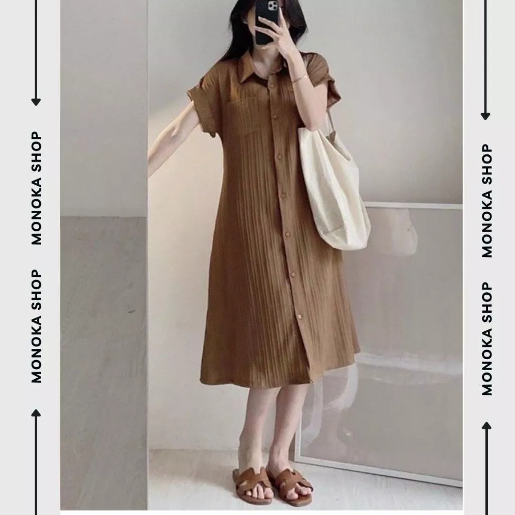 Đầm sơ mi dáng dài nữ vintage Váy suông rộng cổ bẻ tay ngắn phong cách Hàn Quốc cài nút thanh lịch đi chơi đi làm T1046G