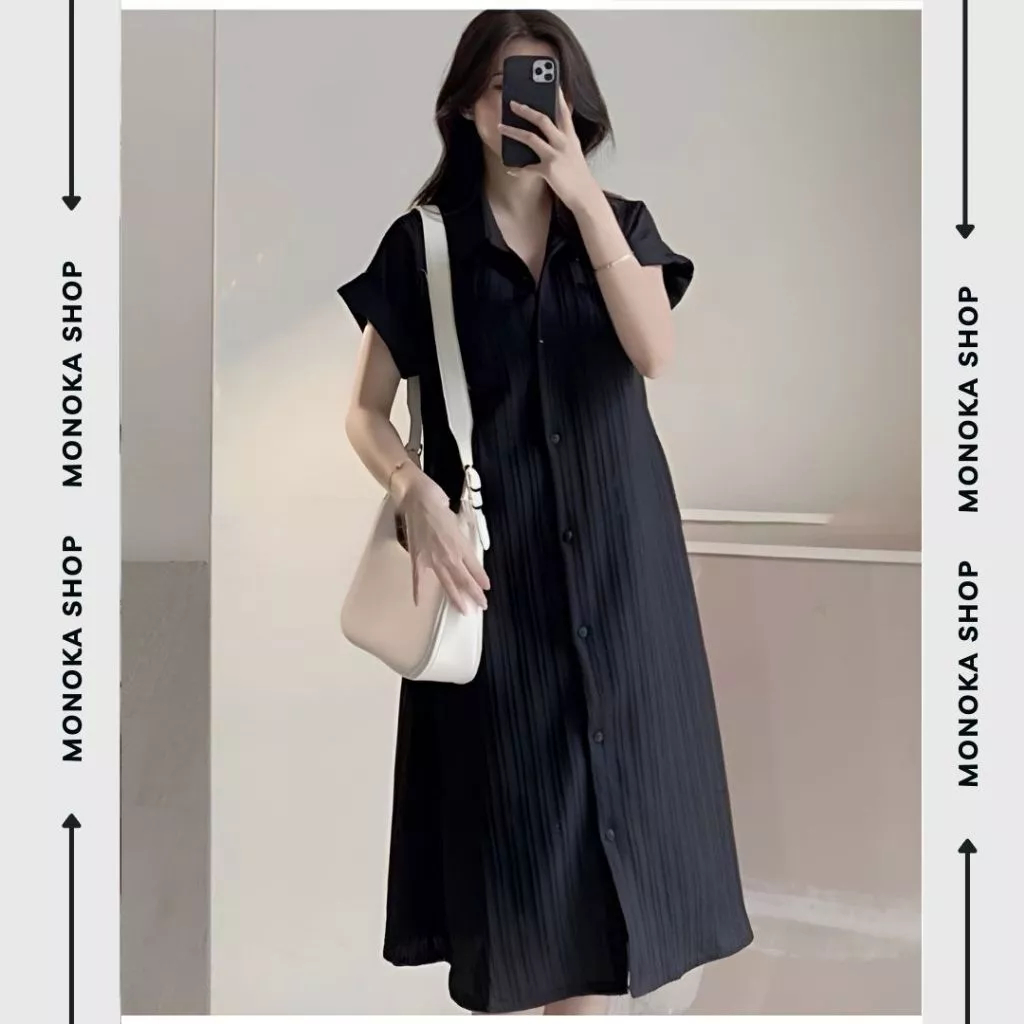 Đầm sơ mi dáng dài nữ vintage Váy suông rộng cổ bẻ tay ngắn phong cách Hàn Quốc cài nút thanh lịch đi chơi đi làm T1046G