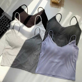 Áo Bra 2 Dây Cotton Tăm Cổ Chữ V Viền Ren Có Đệm Nâng Ngực May Liền Dây Lưng Thời Trang 8107