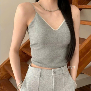 Áo Bra 2 Dây Cotton Tăm Cổ Chữ V Viền Ren Có Đệm Nâng Ngực May Liền Dây Lưng Thời Trang 8107