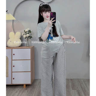 Bộ bầu - bộ sau sinh - BỘ QDAC  ÁO COTTONG HÌNH NGỰA QUẦN KẺ - 3 Màu