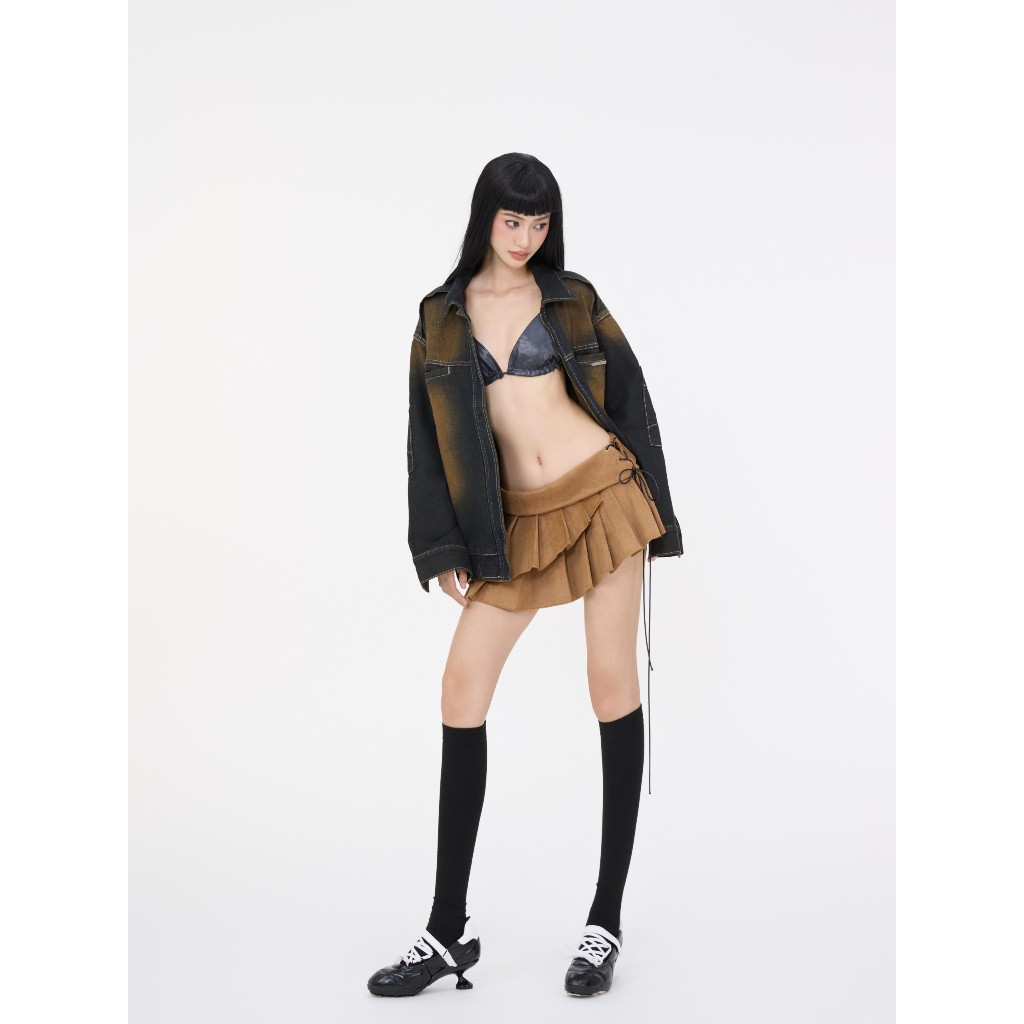 Ảnh Váy Ngắn Nữ Xếp Ly Vải Da Lộn Màu Nâu - Brand TSUN Chính Hãng - Pleated Leather Mini Skirt 2