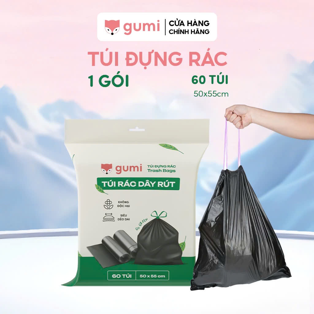Túi đựng rác đen Gumi có dây rút tự phân huỷ bịch 60 Túi/Bịch (size ...
