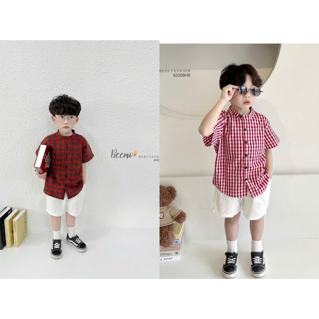 Bộ sơ mi kẻ cổ tàu phối khuy cho bé trai, set sơ mi cộc tay kẻ caro phối quần kaki trắng 4650BHB