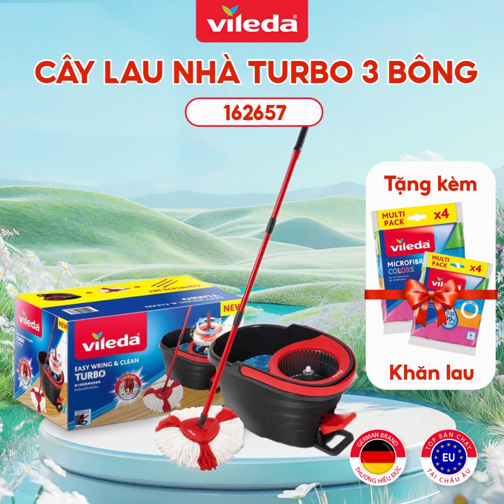 Ảnh Cây lau nhà VILEDA Turbo Easy Wring&Clean đầu lau tam giác, xô giặt quay bằng chân, + 2 bông lau (Tổng 3 bông) 1