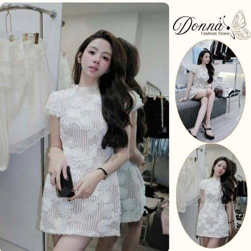 váy nữ body, đầm nữ phối ren trắng 2 lớp in hình hoa tay bồng cổ tròn Donna hcom25750