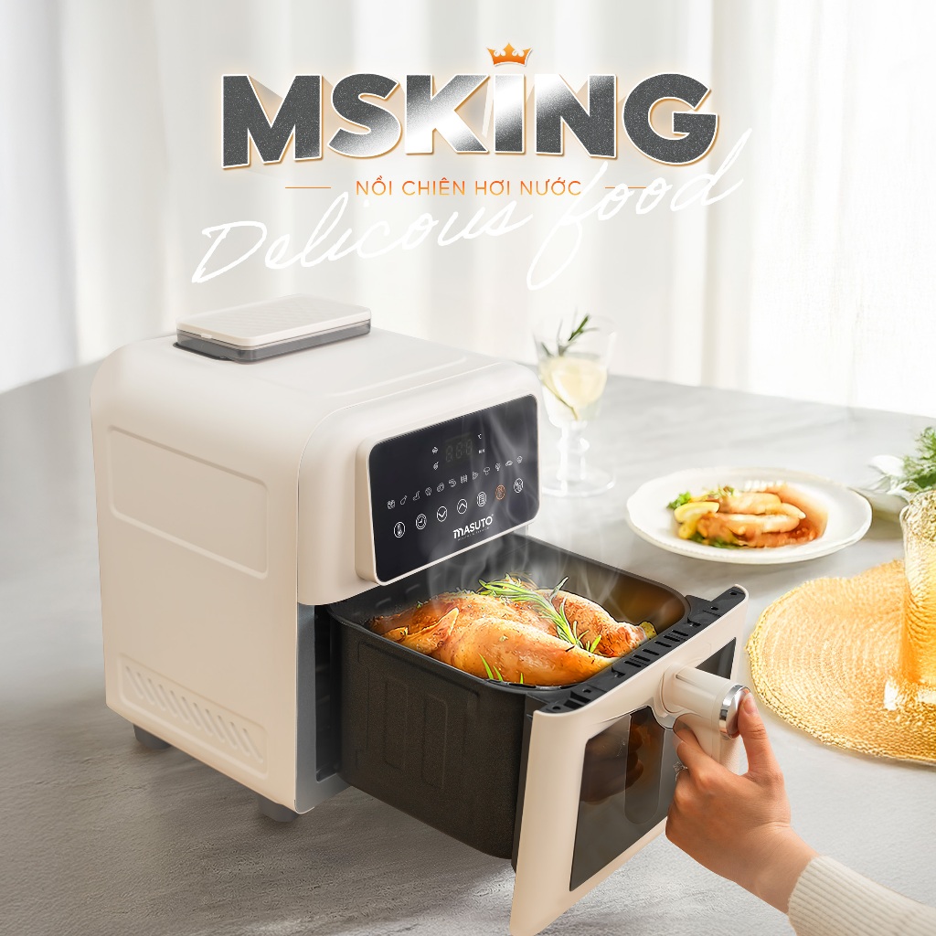 Ảnh Nồi Chiên Không Dầu Masuto MSKing 1700W-6L 2 Tầng Đốt Vỏ Thép Cacbon, Nồi Chiên Hơi Nước Phun Sương Nướng Gà Nguyên Con 3