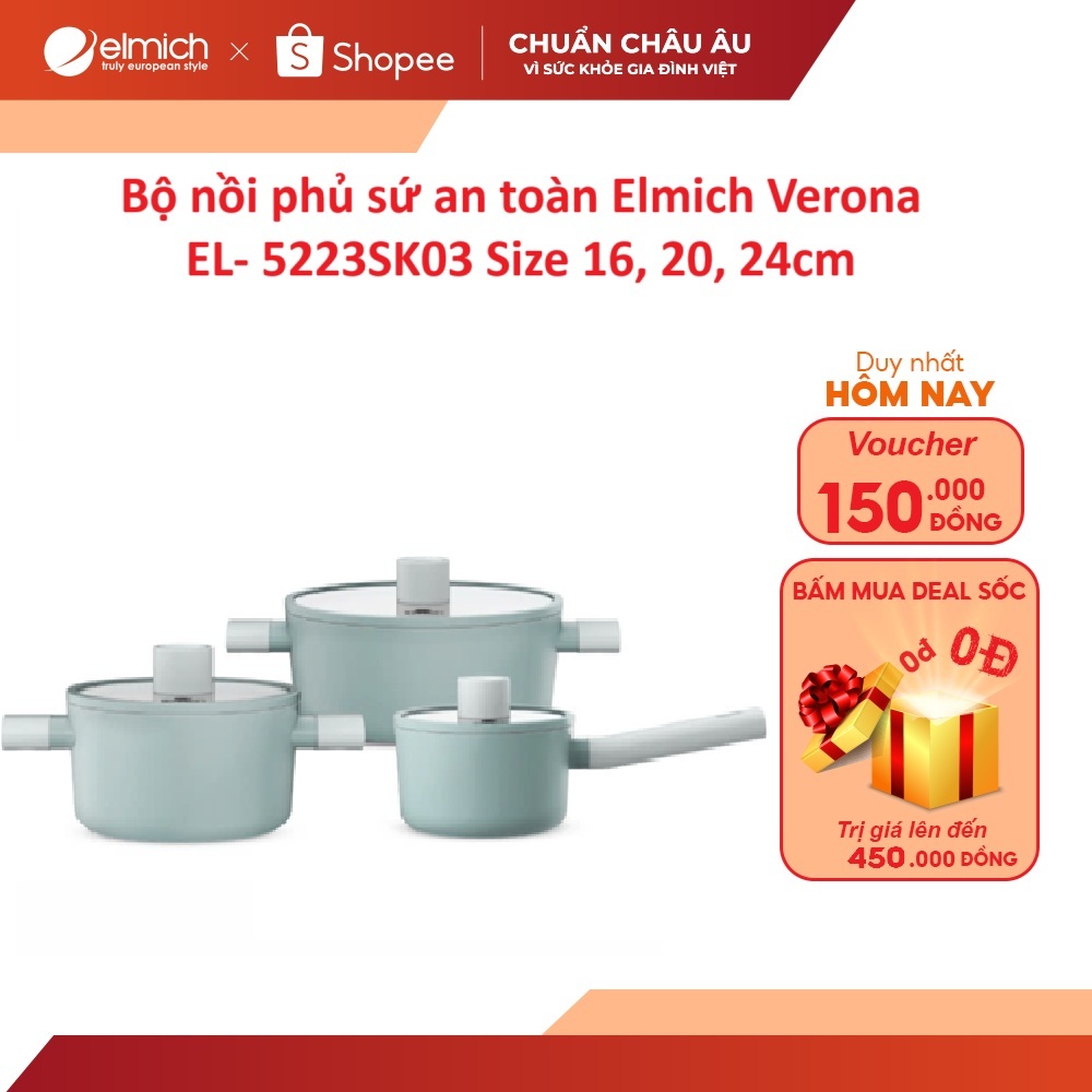 Bộ nồi phủ sứ an toàn Elmich Verona EL- 5223SK03 Size 16, 20, 24cm