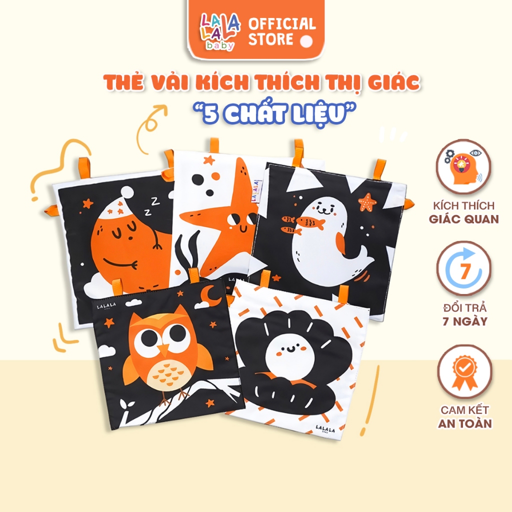 Thẻ vải kích thích thị giác cho bé. Bộ ĐỒ CHƠI 5 CHẤT LIỆU Lalala baby. THE5CL01