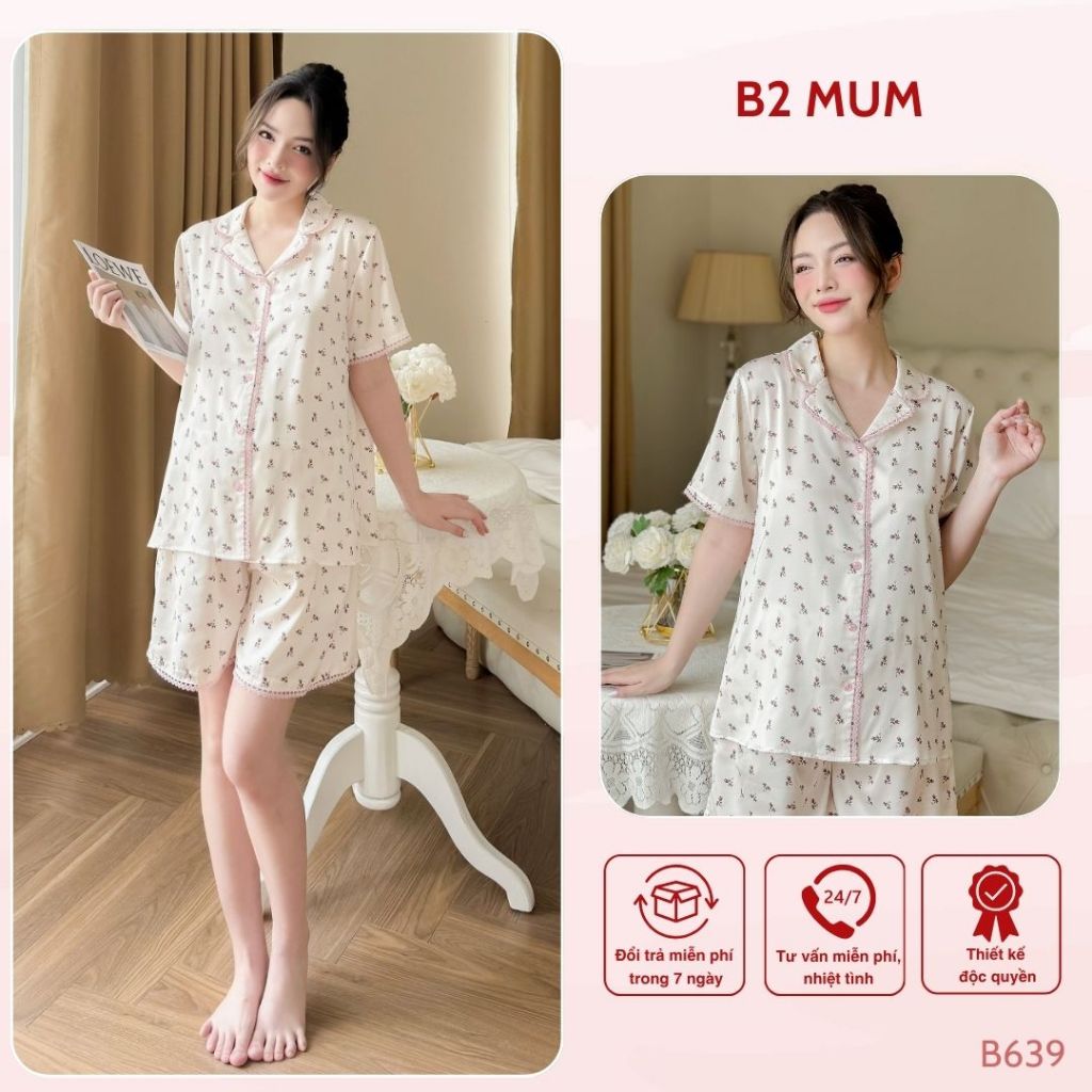 Bộ bầu và sau sinh lụa ngắn, thiết kế cúc cài, họa tiết hoa nhí, mặc hè thoái mái -  B639 B2MUM