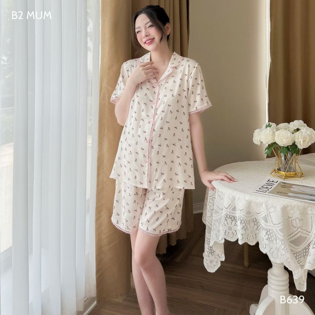 Bộ bầu và sau sinh lụa ngắn, thiết kế cúc cài, họa tiết hoa nhí, mặc hè thoái mái -  B639 B2MUM