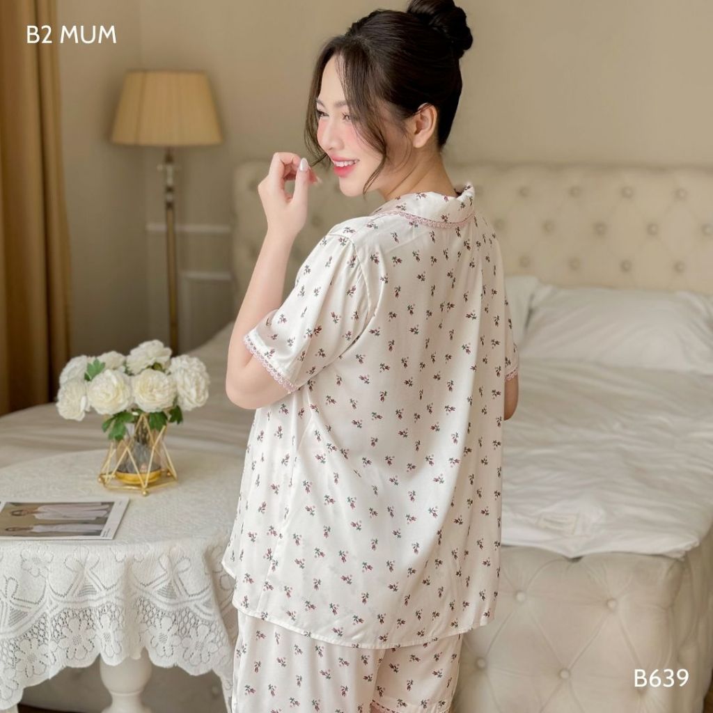 Bộ bầu và sau sinh lụa ngắn, thiết kế cúc cài, họa tiết hoa nhí, mặc hè thoái mái -  B639 B2MUM