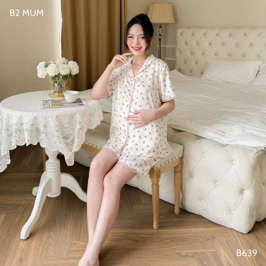 Bộ bầu và sau sinh lụa ngắn, thiết kế cúc cài, họa tiết hoa nhí, mặc hè thoái mái -  B639 B2MUM