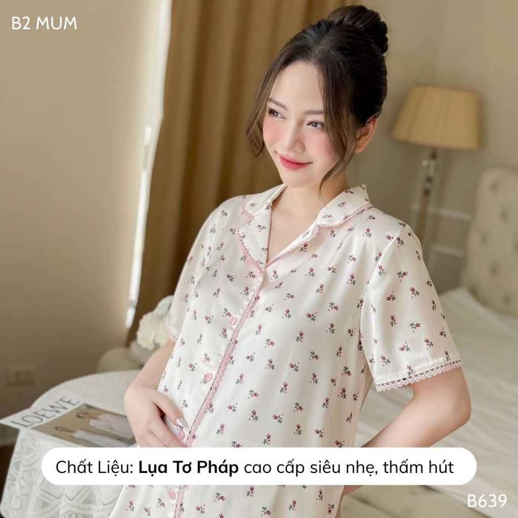 Bộ bầu và sau sinh lụa ngắn, thiết kế cúc cài, họa tiết hoa nhí, mặc hè thoái mái -  B639 B2MUM