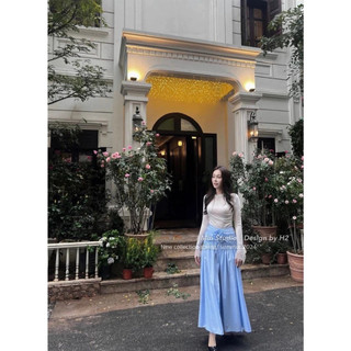 Set áo nhúng cổ tròn tay ren mix chân váy hoa maxi xẻ tà siêu tôn dáng dành cho nữ mặc đi chơi xinh - Baotrang.clothes