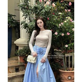 Set áo nhúng cổ tròn tay ren mix chân váy hoa maxi xẻ tà siêu tôn dáng dành cho nữ mặc đi chơi xinh - Baotrang.clothes