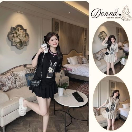 set đồ nữ , áo thun phối chân váy xếp ly ngắn xòe thêu hình gấu năng động Donna hcom25738