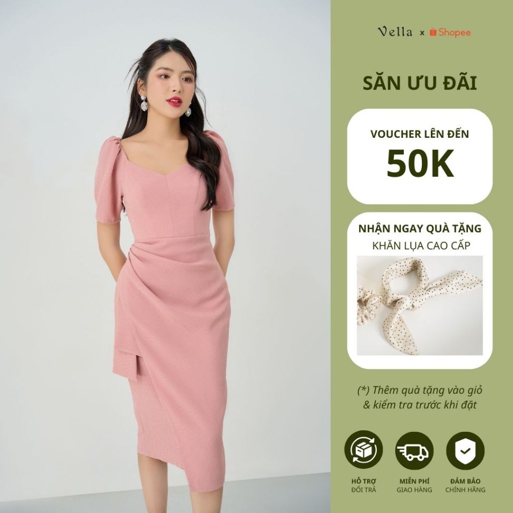 Vella Fashion đầm midi tay ngắn xếp ly sườn, váy công sở trẻ trung thanh lịch VD23050