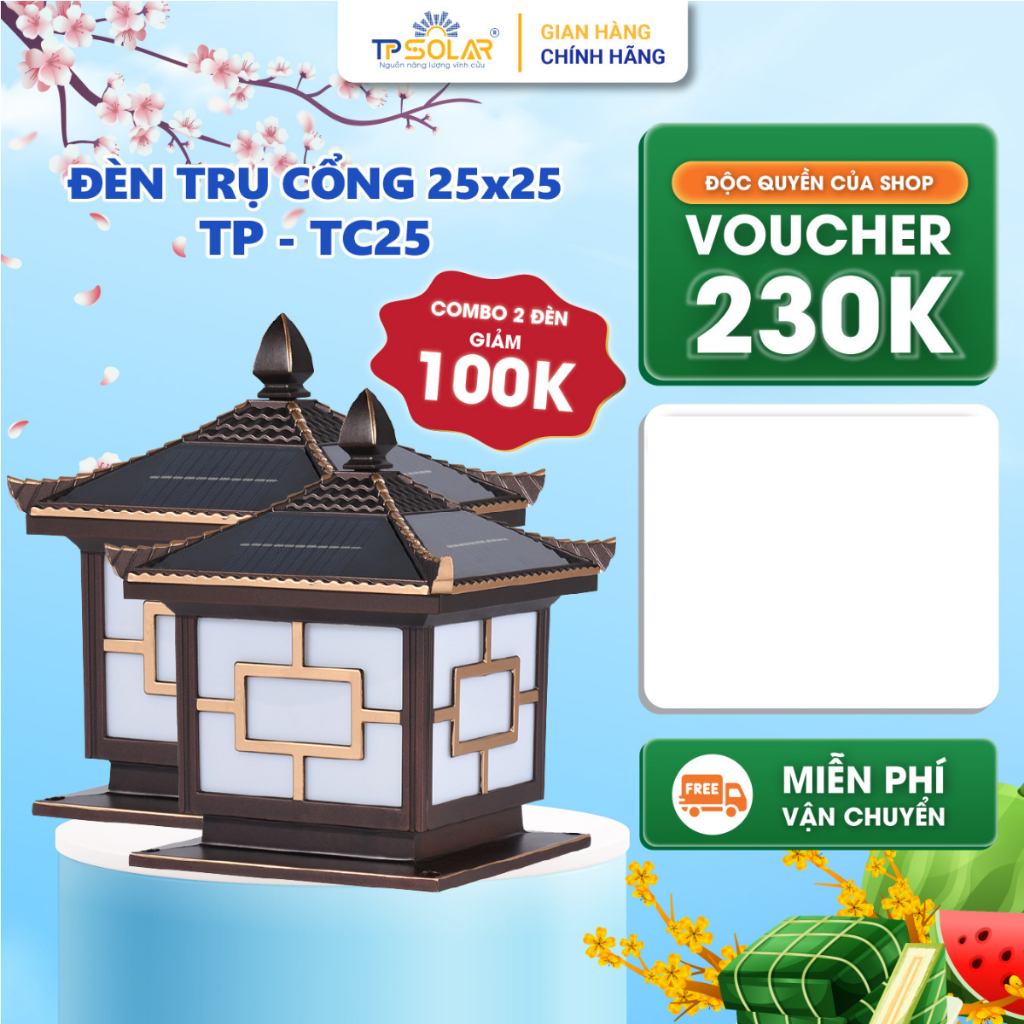 Ảnh Đèn Trụ Cổng Năng Lượng Mặt Trời TP SOLAR TP-TC30 30x30x38cm , Đèn Vuông Có Mái ,Chống Nước IP68 - Bảo Hành Chính Hãng 1
