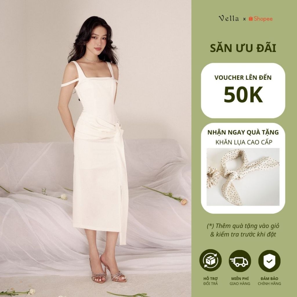 Vella Fashion đầm midi xếp nơ 3D quấn ngang eo, váy dự tiệc nữ VD24008