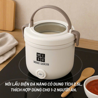 Nồi Lẩu Điện Mini Đa Năng Kèm Gía Hấp Dung Tích 2,5L Chống Dính, Công Suất 600W, Dễ Dàng Vệ Sinh