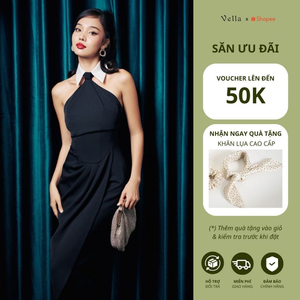 Vella Fashion đầm midi không tay cổ vest, đầm dự tiệc VD23113