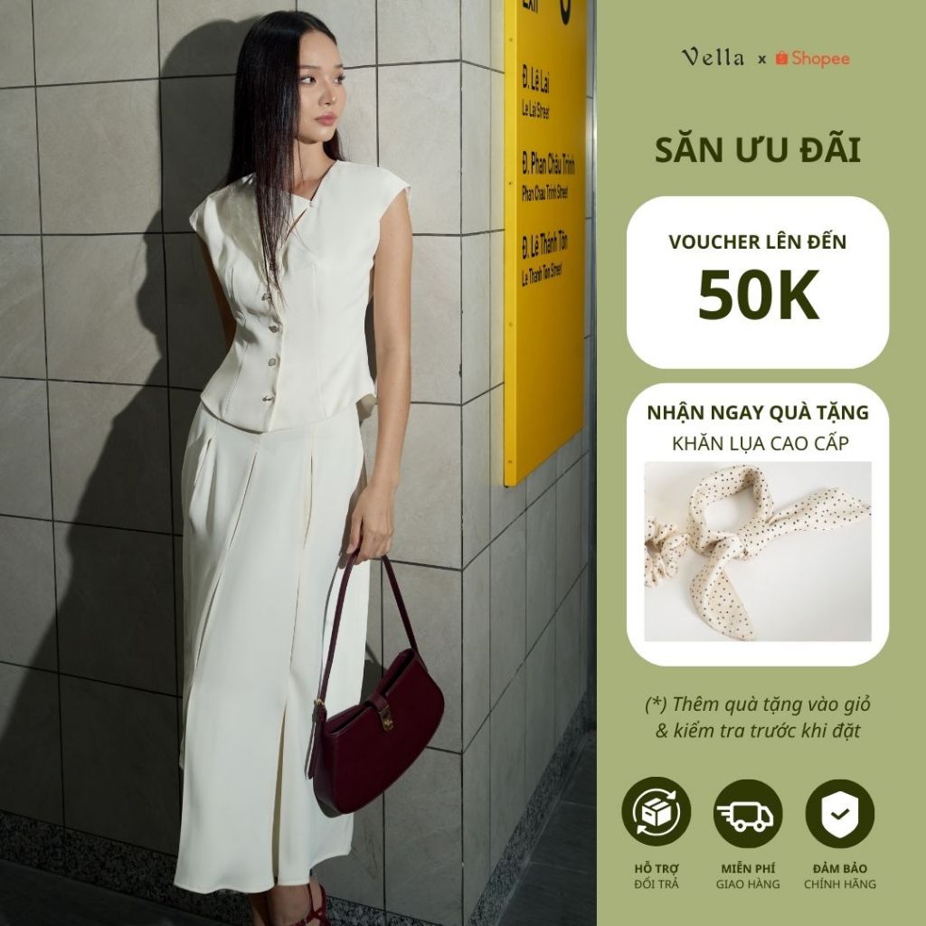 Vella Fashion set áo peplum cổ bất đối xứng phối chân váy midi VA25003 VV25004 - EMMA Set