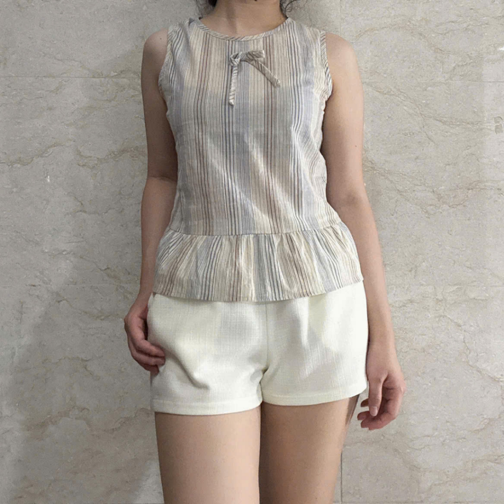 LUMI - Áo kiểu nữ babydoll sát nách cổ tròn vải cotton thô họa tiết kẻ sọc thích hợp đi chơi, đi học