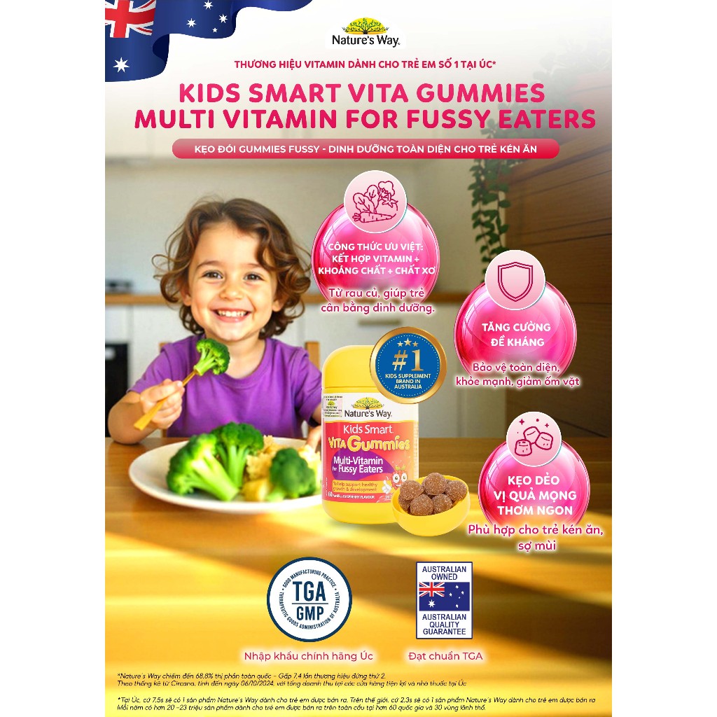 Ảnh Kẹo Dẻo Vi Chất Cho Bé Nature's Way Kids Smart Vita Gummies Multi Vitamin Fussy Eaters, Hỗ Trợ Tăng Sức Đề Kháng 60v/h 1