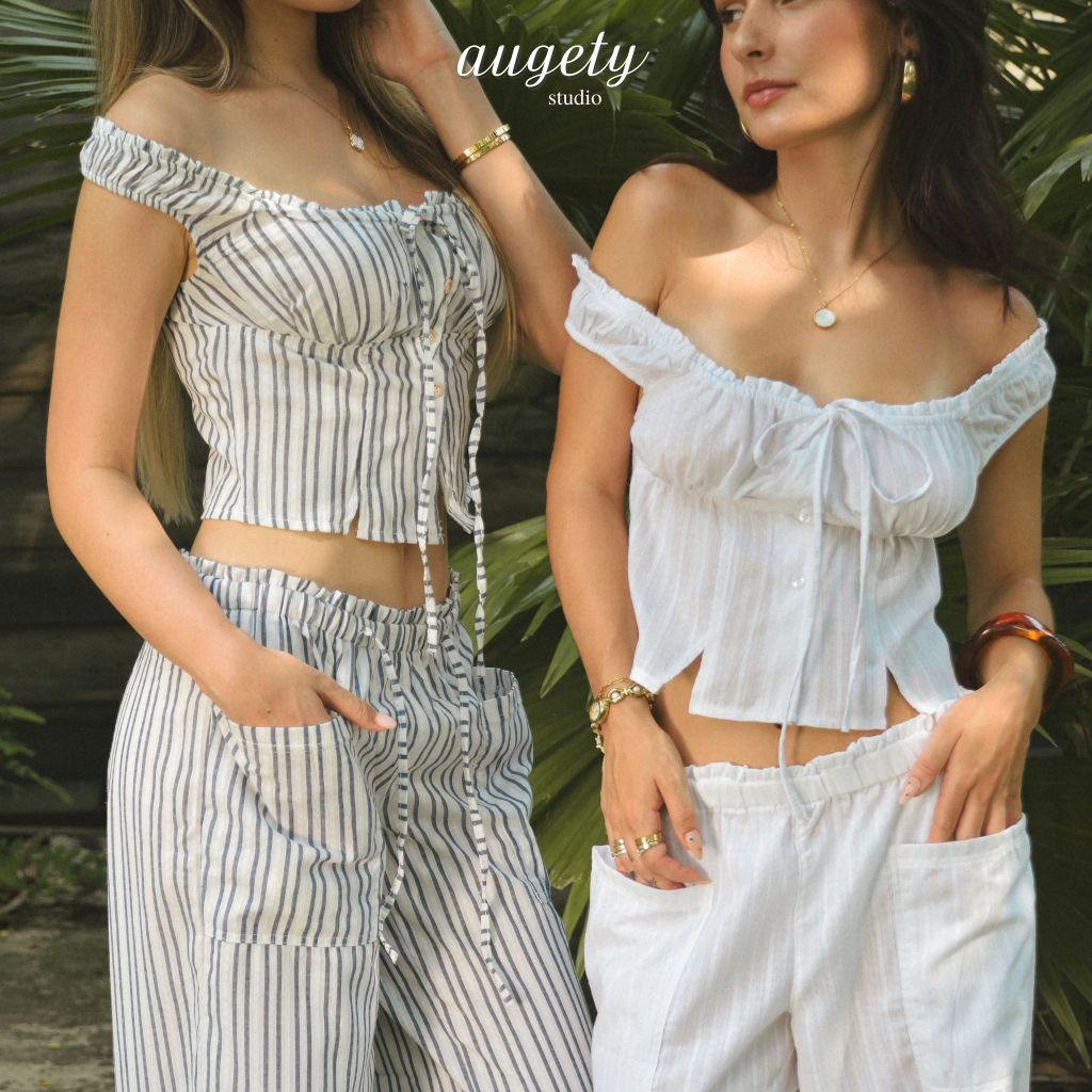 [MUA KÈM QUẦN GIẢM 20K] Áo Trễ Vai Tay Ngắn Cài Nút Thắt Nơ Linen Sọc Augety Studio, JOSIE Top