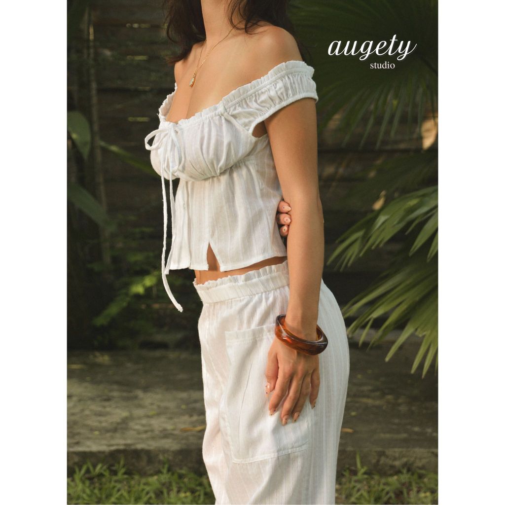 [MUA KÈM QUẦN GIẢM 20K] Áo Trễ Vai Tay Ngắn Cài Nút Thắt Nơ Linen Sọc Augety Studio, JOSIE Top