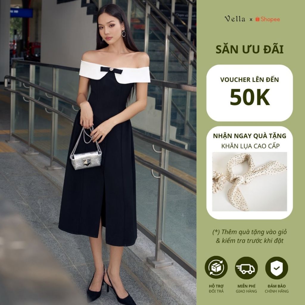 Vella Fashion đầm midi trễ vai phối nơ xẻ trước VD25013 - AMELIA dress