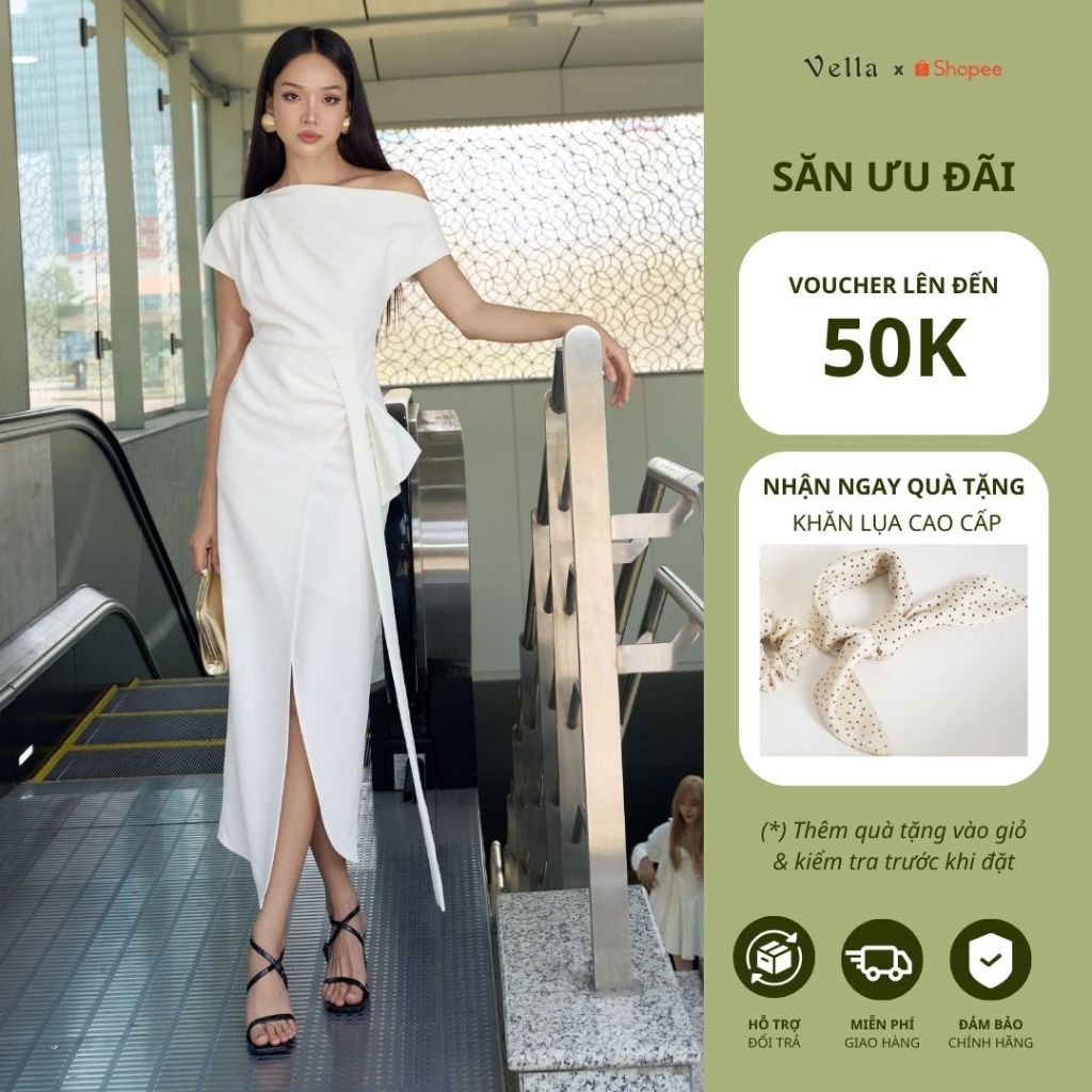 Đầm dạ tiệc lệch vai phối nơ 3D che bụng tôn dáng sang trọng – Vella Fashion VD25016
