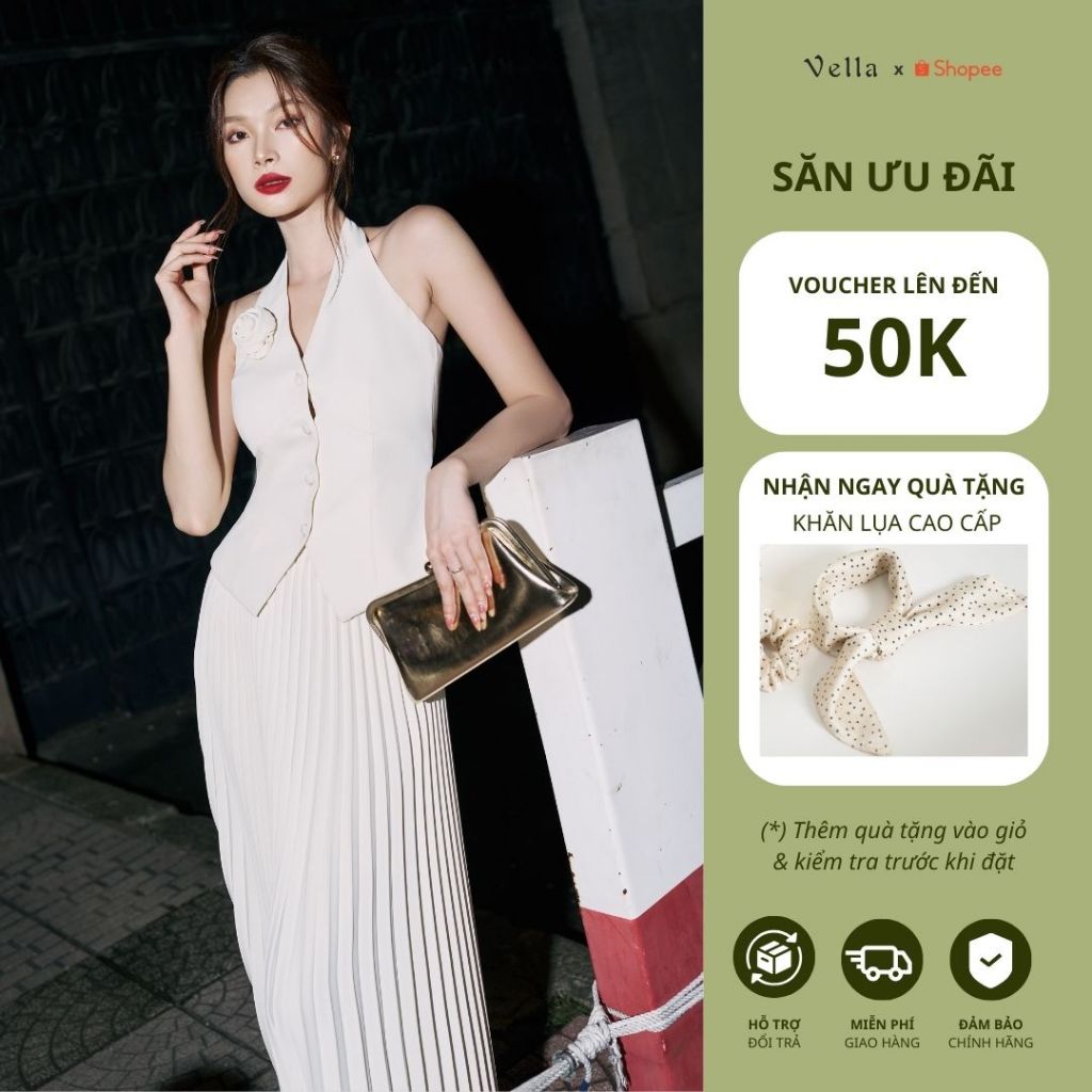 Vella Fashion set áo peplum cổ yếm phối chân váy dập ly VA24126 VV24127