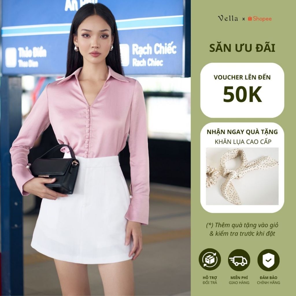 Vella Fashion set áo sơ mi tay dài cổ V nút bọc phối chân váy skort có quần trong VA25007 VV24062