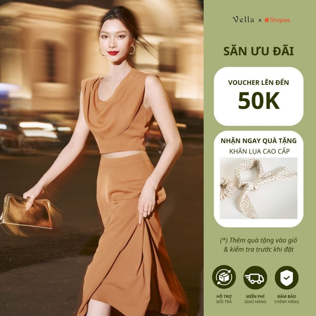Vella Fashion set áo croptop cổ đổ không tay phối chân váy midi dáng xòe VA24117 VV24118