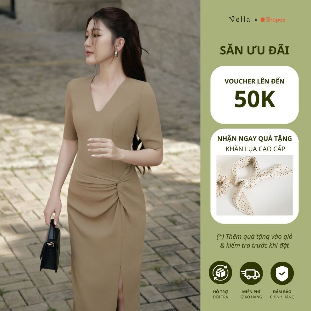 Vella Fashion đầm midi tay ngắn xoắn eo xẻ trước VD24073 - MILA dress