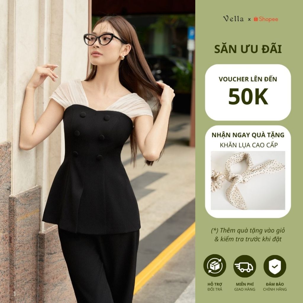 Vella Fashion áo peplum công sở nữ vai phối voan xếp ly thanh lịch VA24039